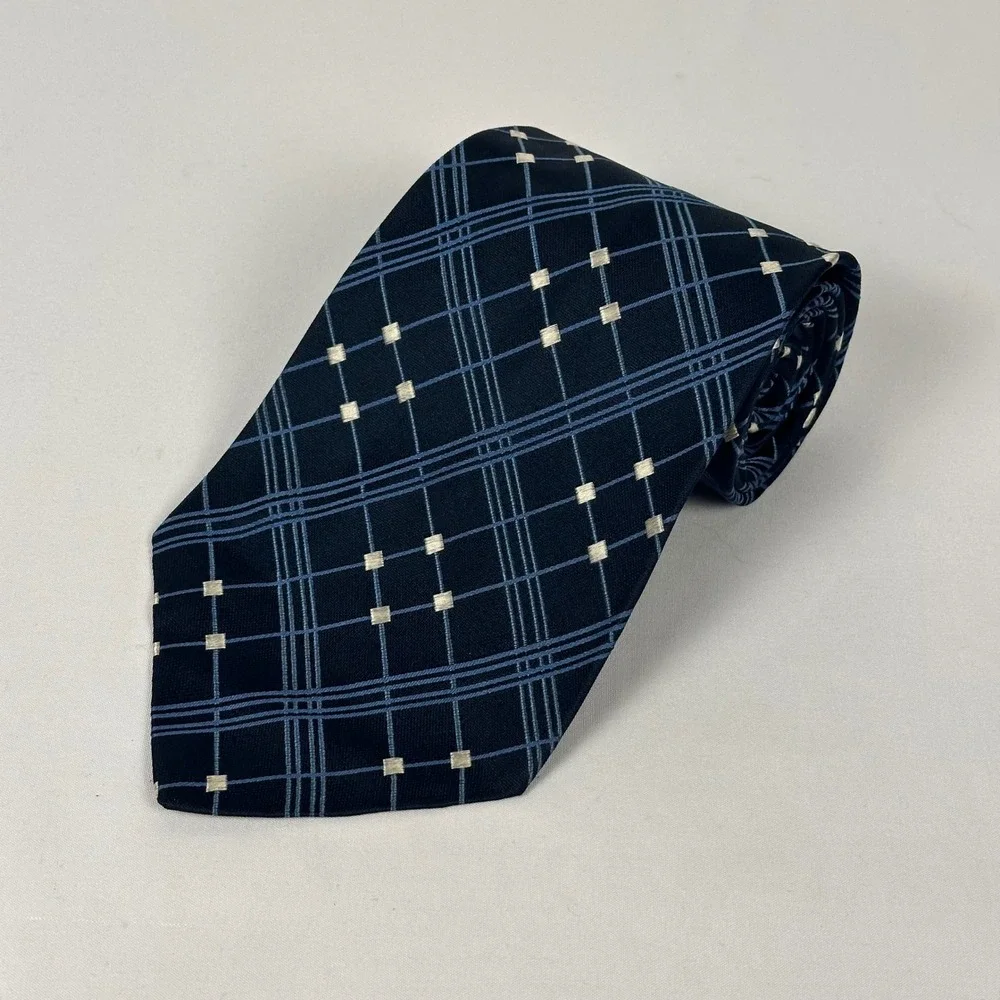 Atkinsons for Harrods Silk Tie Vintage Navy Blue Plaid Jacquard Made In Ireland
